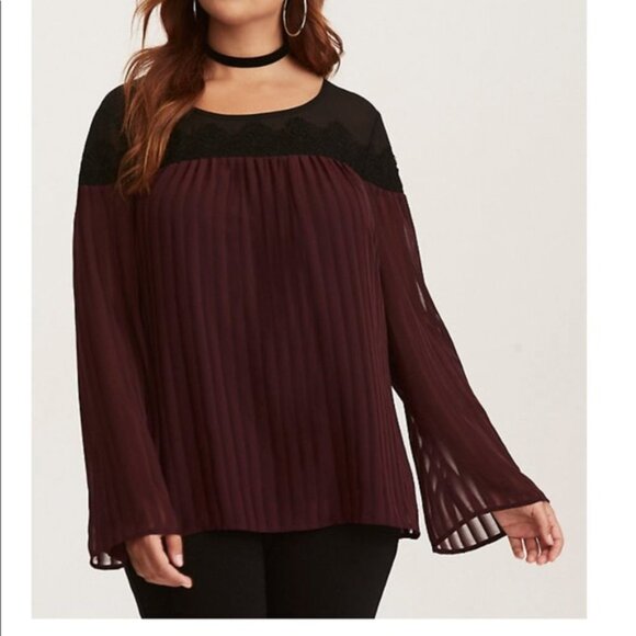 Torrid Burgundy Stripe Lace Bell Sleeve Chiffon Blouse 3X - Picture 2 of 16
